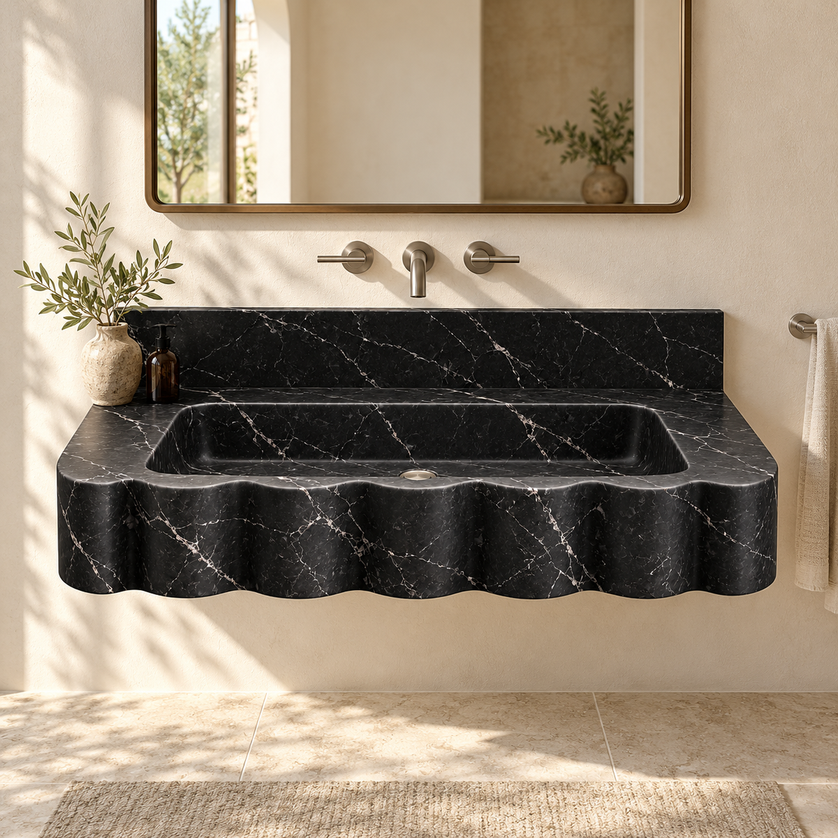 Dune Nero Marquina Wave Front Floating Marble Sink, styled bathroom view, design rendering