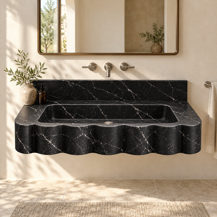 Dune Nero Marquina Wave Front Floating Marble Sink, styled bathroom view, design rendering