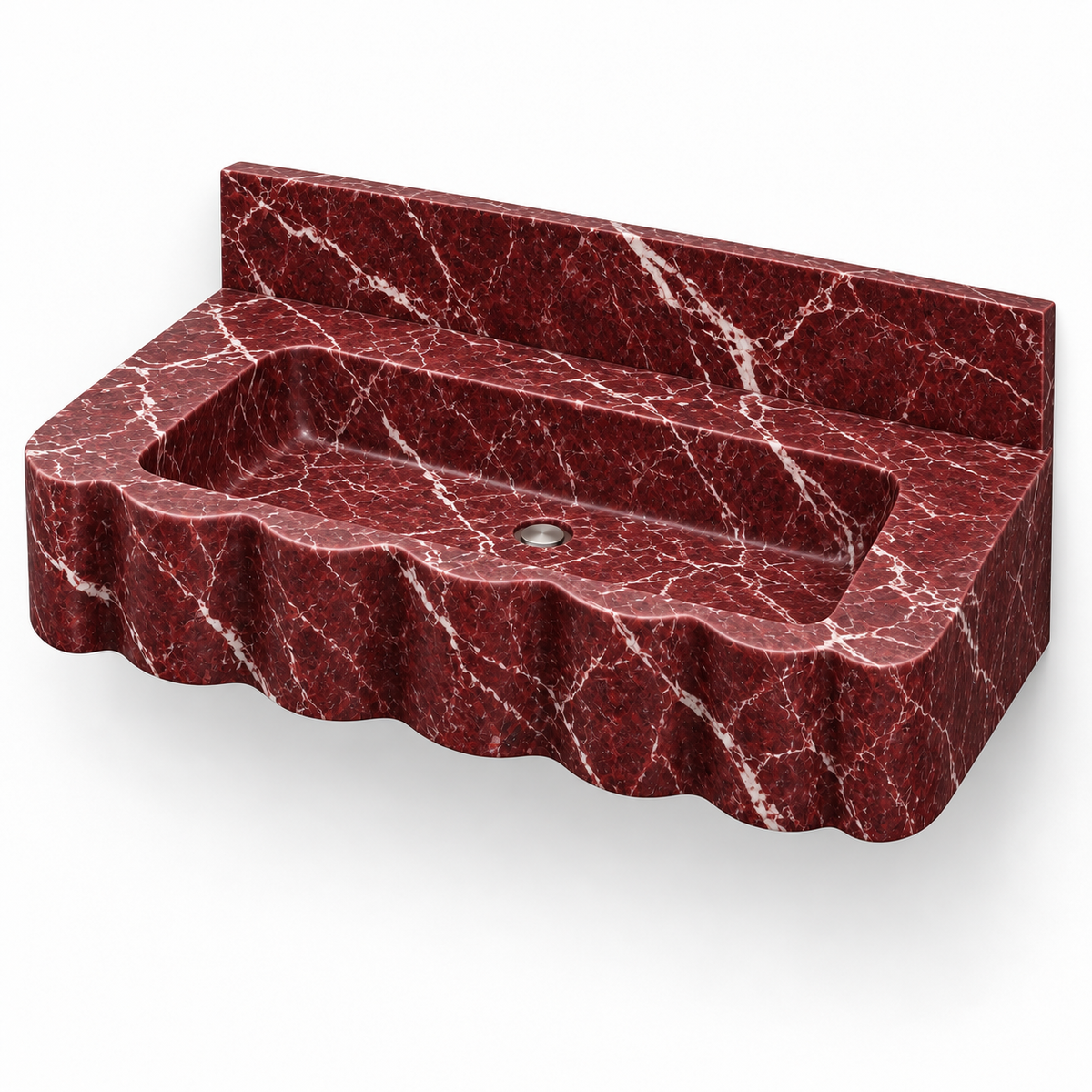 Dune Rosso Levanto Wave Front Floating Marble Sink, three-quarter view on white, design rendering