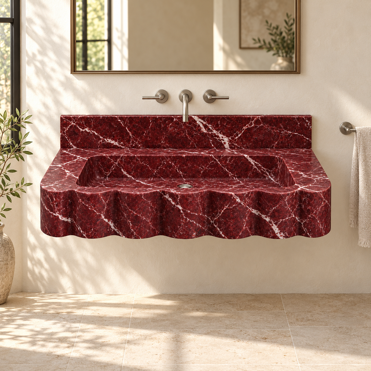Dune Rosso Levanto Wave Front Floating Marble Sink, styled bathroom view, design rendering