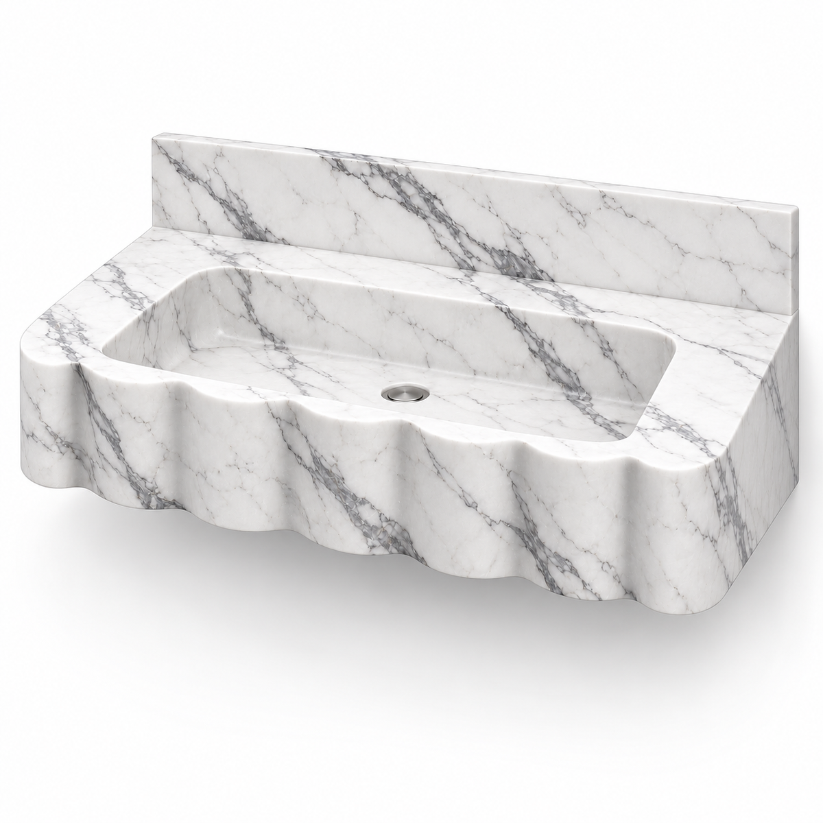 Dune Statuario Wave Front Floating Marble Sink, three-quarter view on white, design rendering