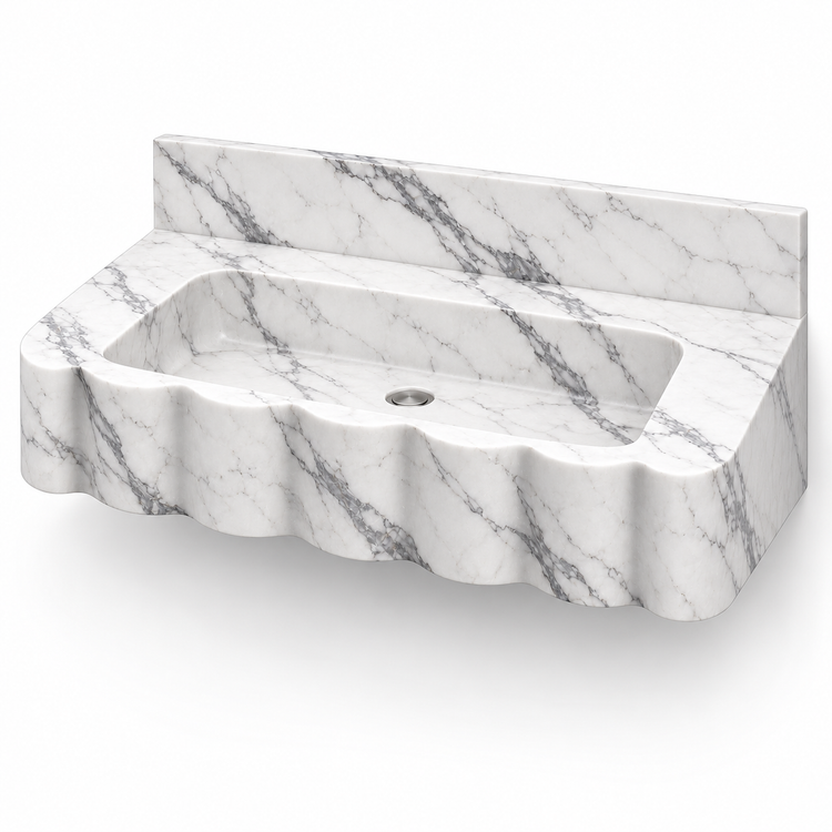 Dune Statuario Wave Front Floating Marble Sink, three-quarter view on white, design rendering