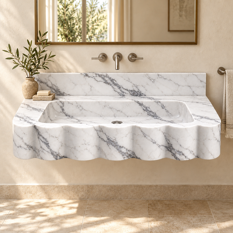 Dune Statuario Wave Front Floating Marble Sink, styled bathroom view, design rendering