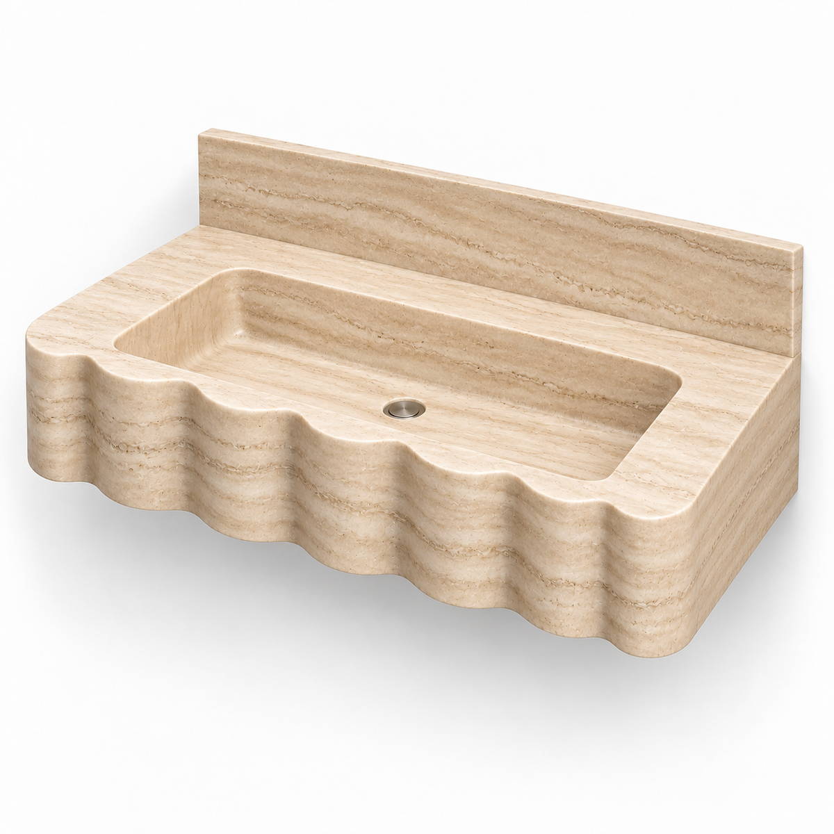 Dune Travertine Wave Front Floating Stone Sink, three-quarter view on white, design rendering