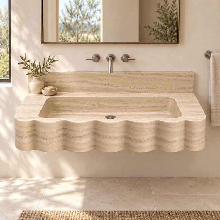 Dune Travertine Wave Front Floating Stone Sink, styled bathroom view, design rendering