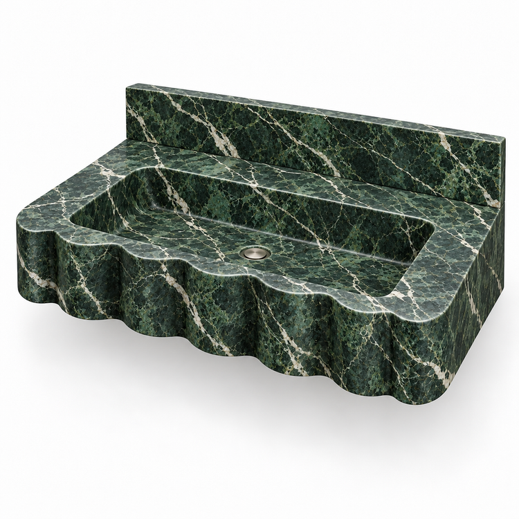 Dune Verde Alpi Wave Front Floating Marble Sink, three-quarter view on white, design rendering