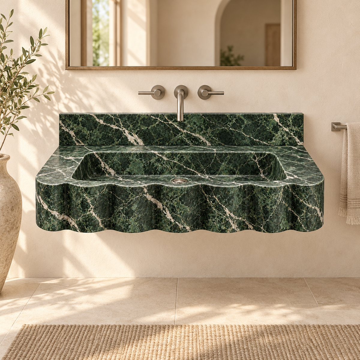 Dune Verde Alpi Wave Front Floating Marble Sink, styled bathroom view, design rendering