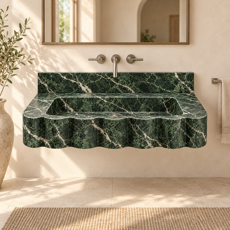 Dune Verde Alpi Wave Front Floating Marble Sink, styled bathroom view, design rendering