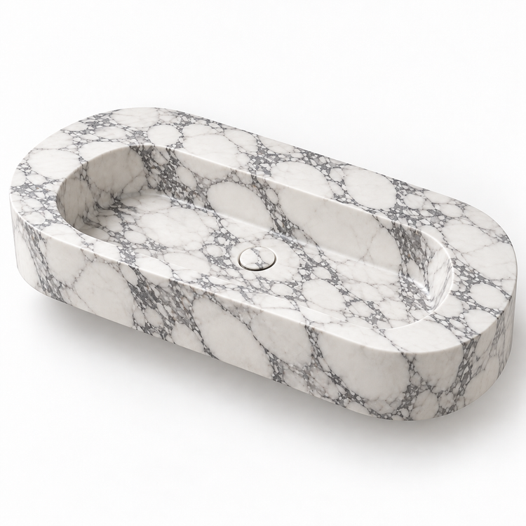 Eclipse Arabescato Capsule Floating Marble Sink, three-quarter view on white, design rendering