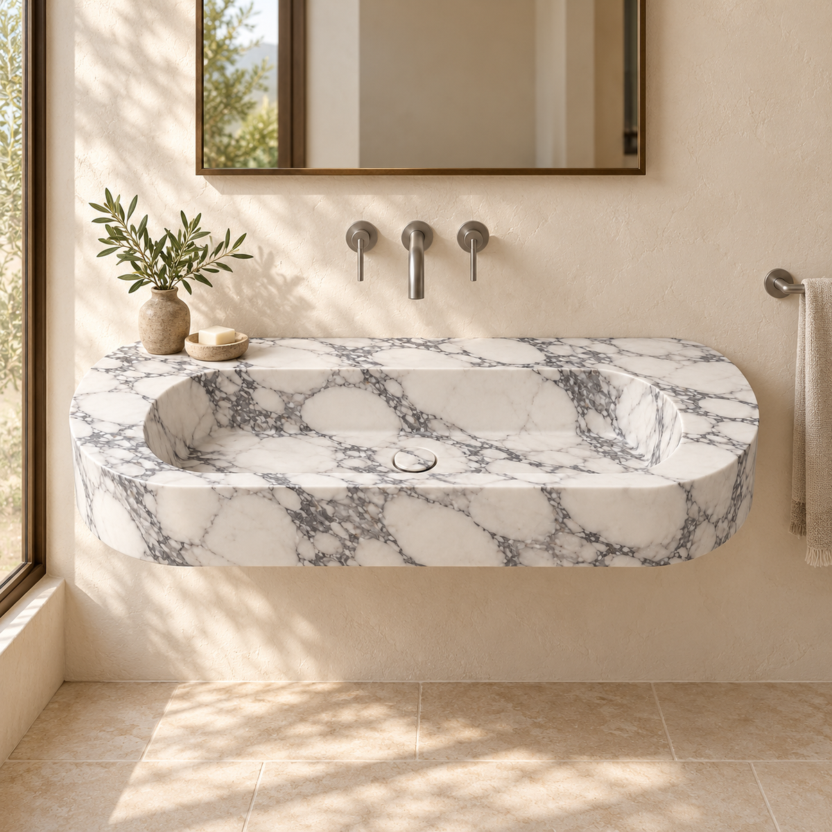 Eclipse Arabescato Capsule Floating Marble Sink, styled bathroom view, design rendering