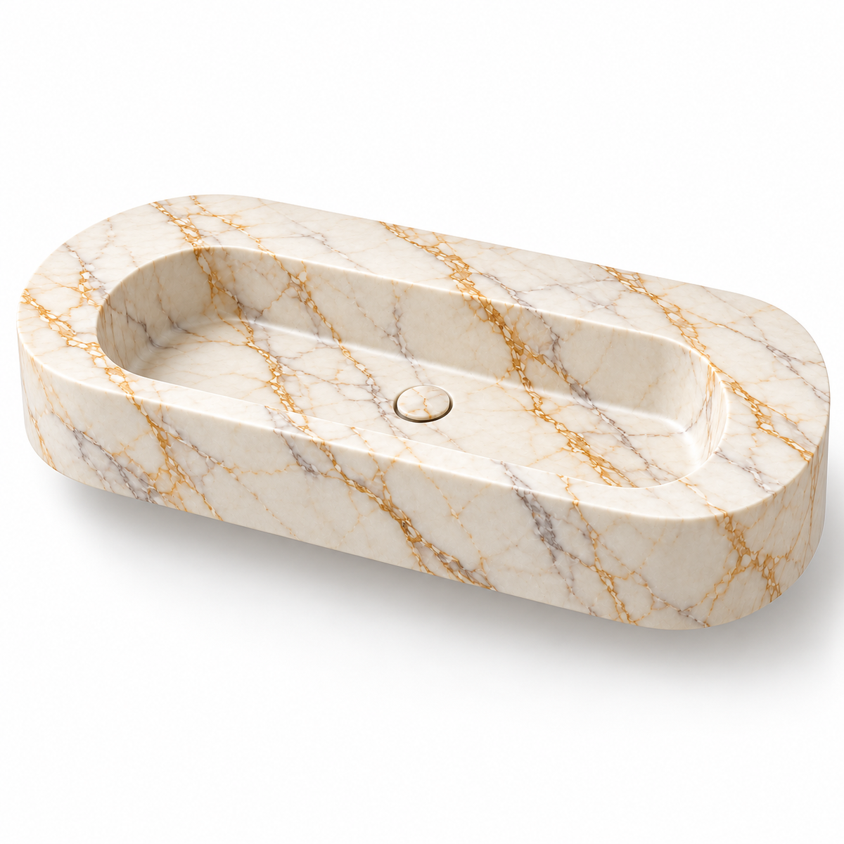 Eclipse Calacatta Gold Capsule Floating Marble Sink, three-quarter view on white, design rendering