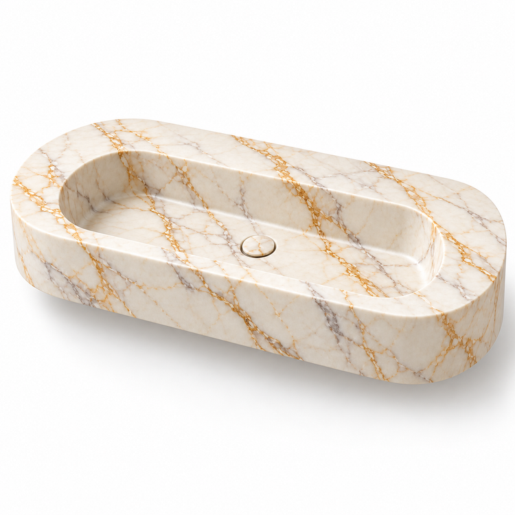 Eclipse Calacatta Gold Capsule Floating Marble Sink, three-quarter view on white, design rendering