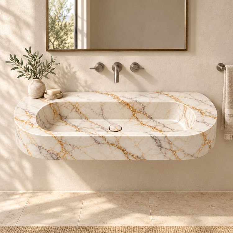 Eclipse Calacatta Gold Capsule Floating Marble Sink, styled bathroom view, design rendering