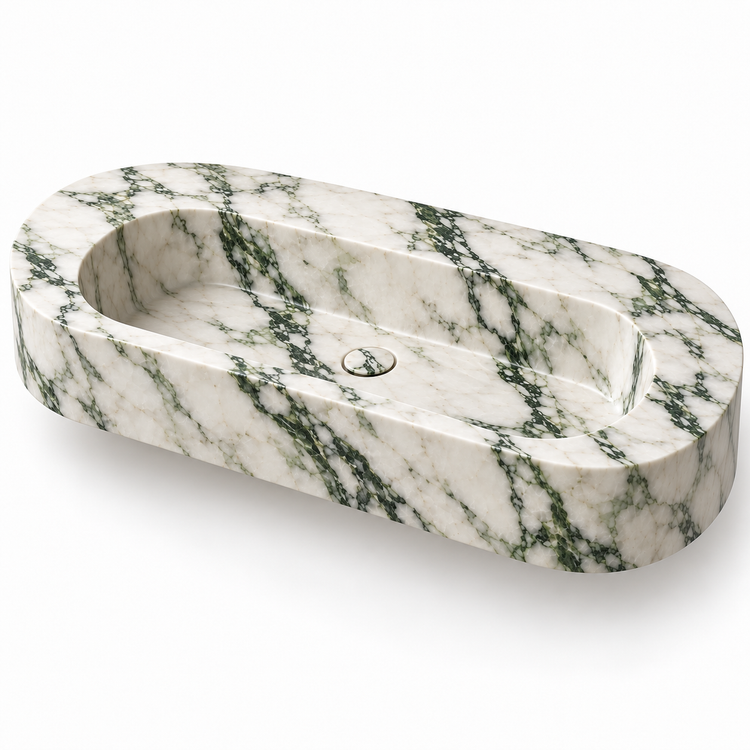 Eclipse Calacatta Green Capsule Floating Marble Sink, three-quarter view on white, design rendering