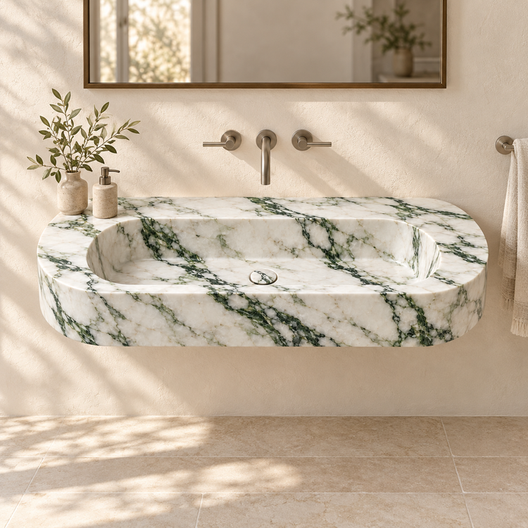 Eclipse Calacatta Green Capsule Floating Marble Sink, styled bathroom view, design rendering