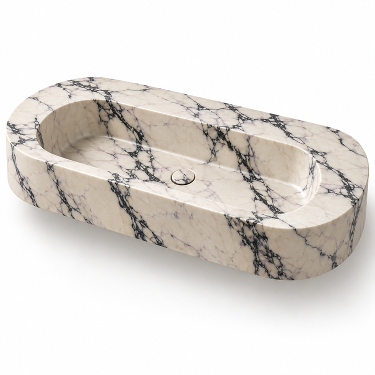 Eclipse Calacatta Viola Capsule Floating Marble Sink, three-quarter view on white, design rendering
