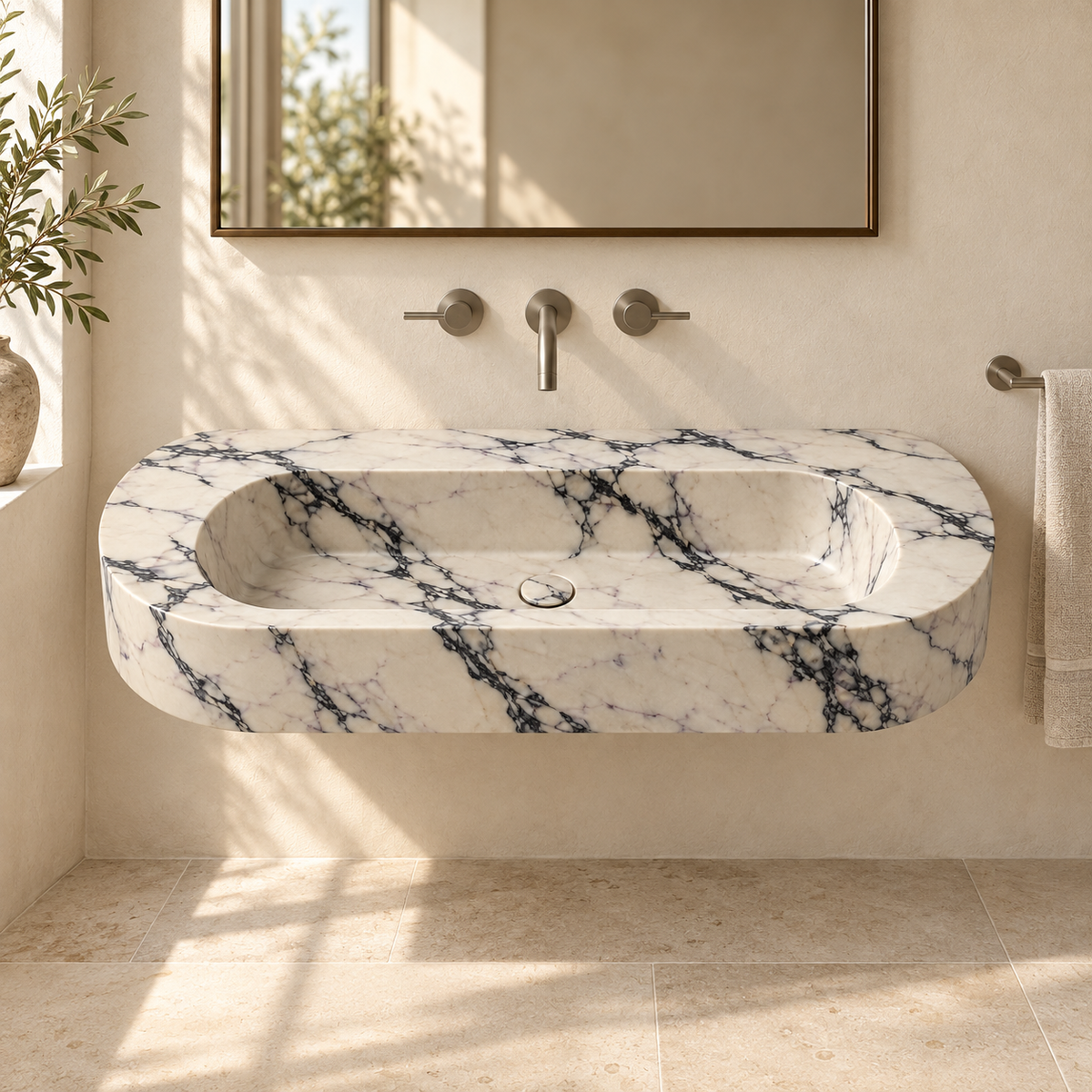 Eclipse Calacatta Viola Capsule Floating Marble Sink, styled bathroom view, design rendering