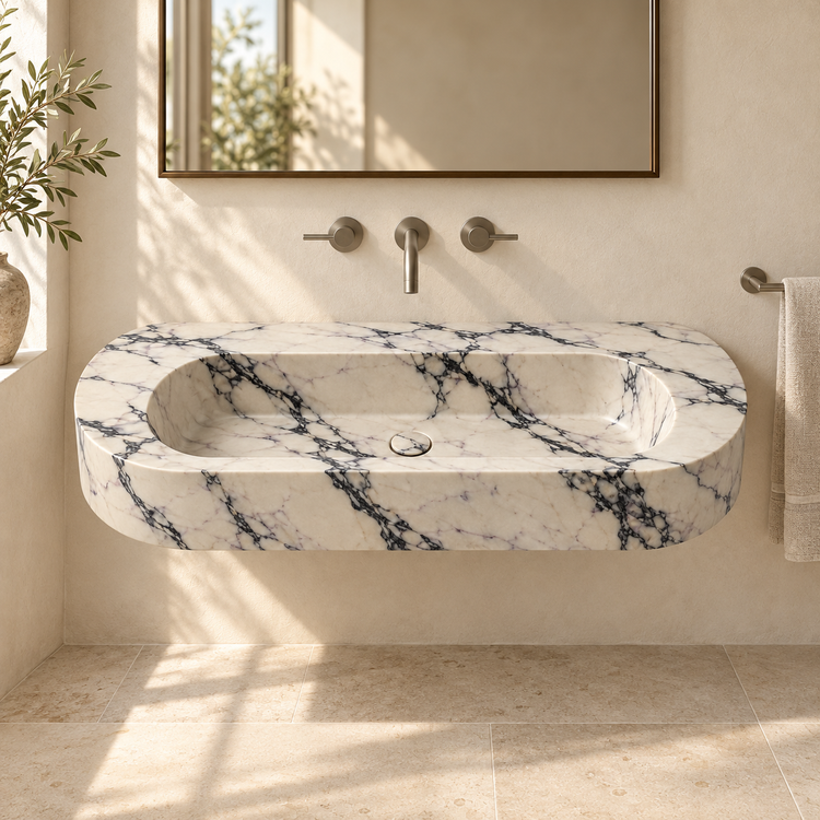 Eclipse Calacatta Viola Capsule Floating Marble Sink, styled bathroom view, design rendering