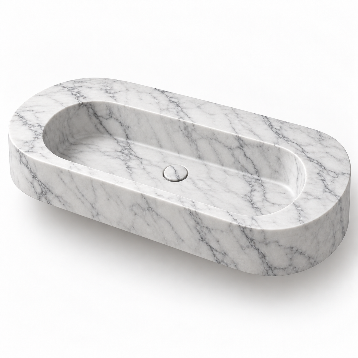 Eclipse Carrara Capsule Floating Marble Sink, three-quarter view on white, design rendering