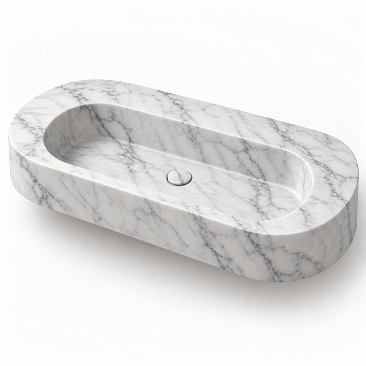 Eclipse Carrara Capsule Floating Marble Sink, three-quarter view on white, design rendering