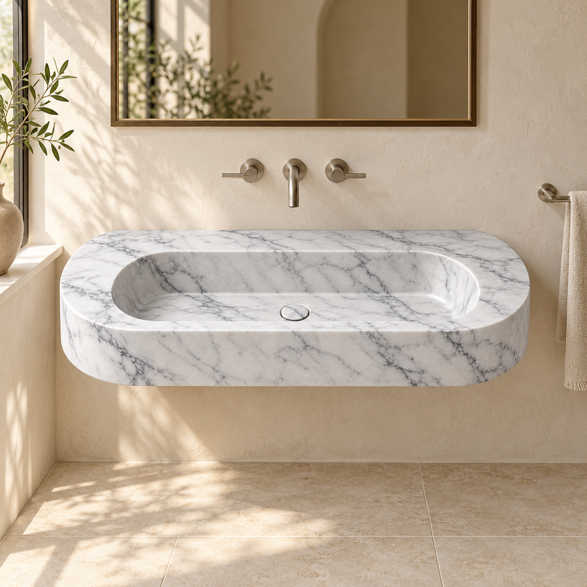 Eclipse Carrara Capsule Floating Marble Sink, styled bathroom view, design rendering