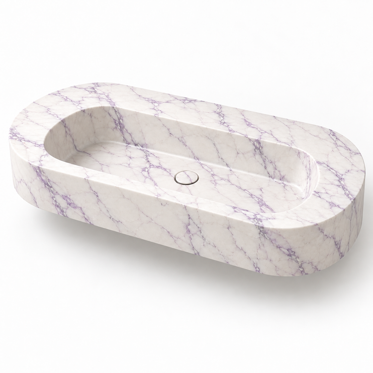Eclipse Lilac Capsule Floating Marble Sink, three-quarter view on white, design rendering