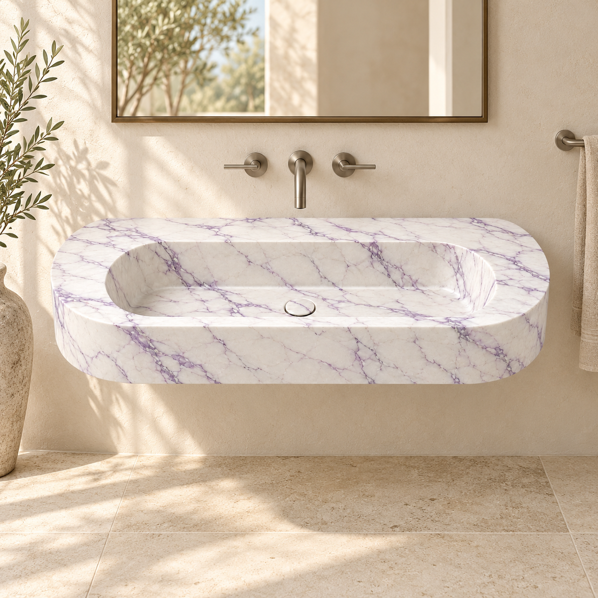 Eclipse Lilac Capsule Floating Marble Sink, styled bathroom view, design rendering