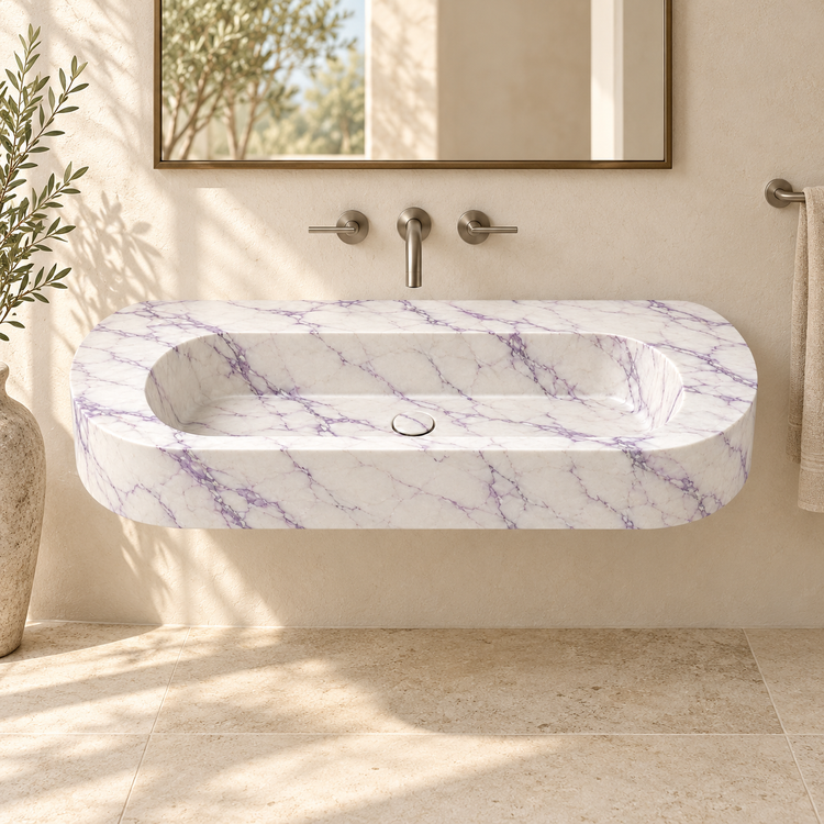 Eclipse Lilac Capsule Floating Marble Sink, styled bathroom view, design rendering