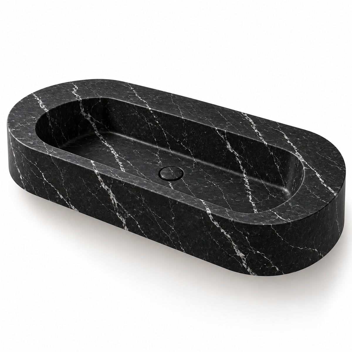 Eclipse Nero Marquina Capsule Floating Marble Sink, three-quarter view on white, design rendering