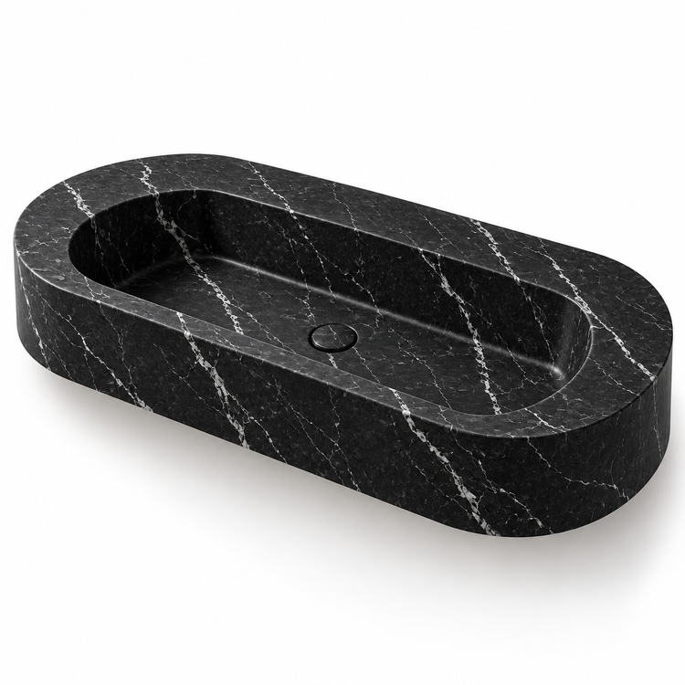 Eclipse Nero Marquina Capsule Floating Marble Sink, three-quarter view on white, design rendering