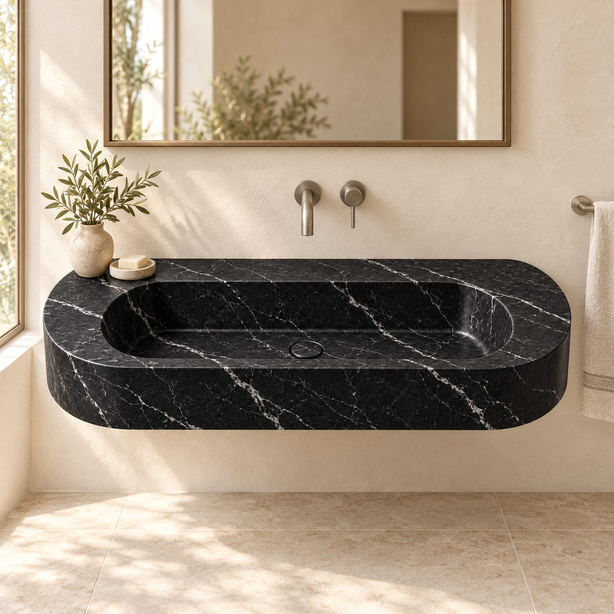 Eclipse Nero Marquina Capsule Floating Marble Sink, styled bathroom view, design rendering