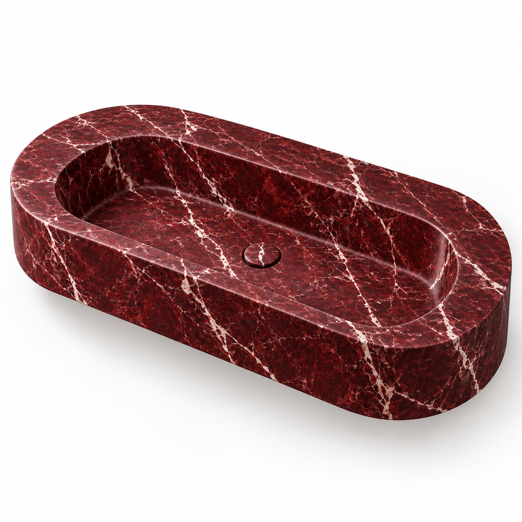Eclipse Rosso Levanto Capsule Floating Marble Sink, three-quarter view on white, design rendering