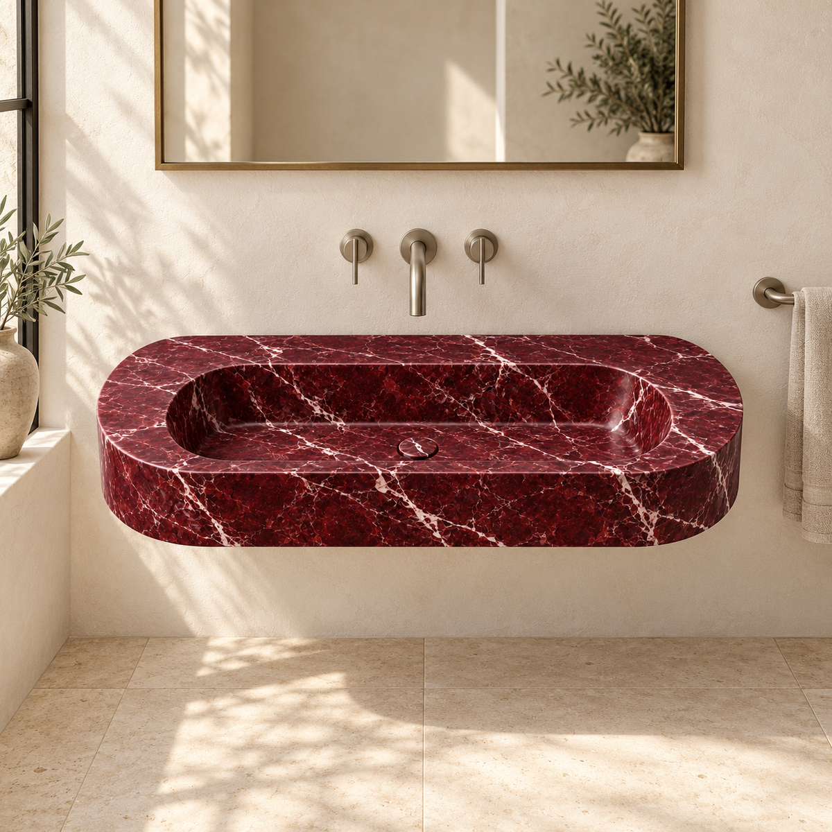 Eclipse Rosso Levanto Capsule Floating Marble Sink, styled bathroom view, design rendering