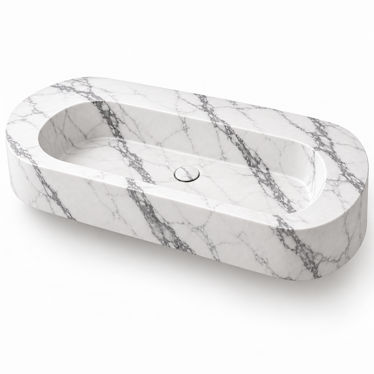 Eclipse Statuario Capsule Floating Marble Sink, three-quarter view on white, design rendering