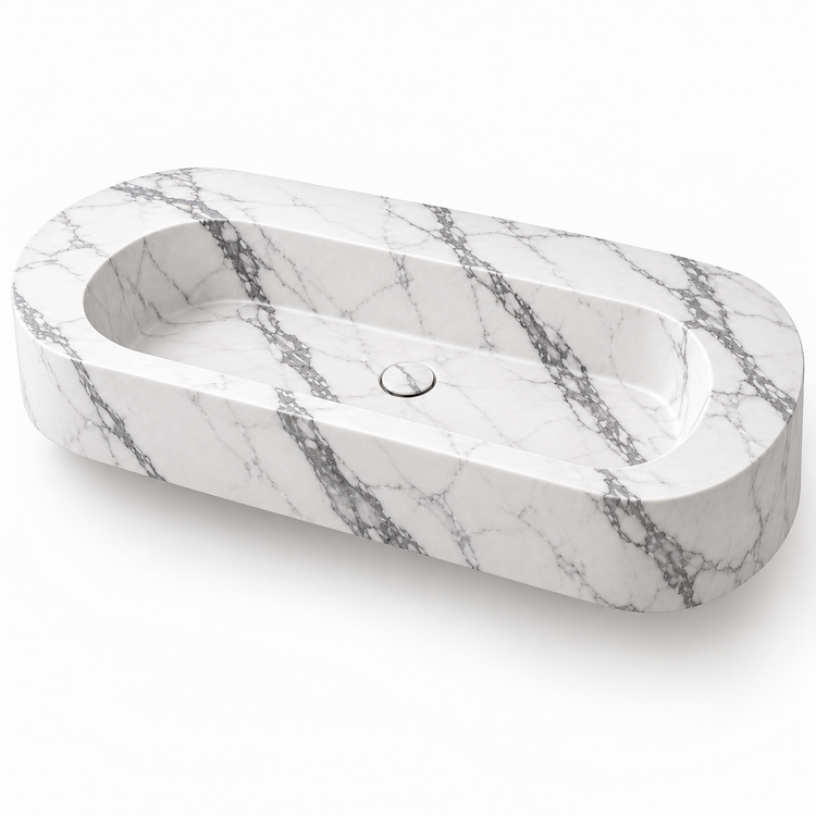 Eclipse Statuario Capsule Floating Marble Sink, three-quarter view on white, design rendering