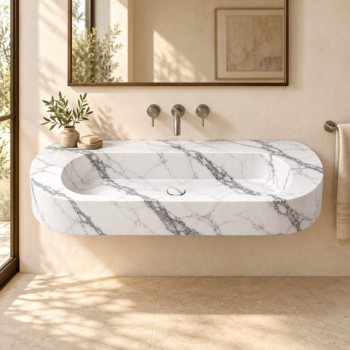 Eclipse Statuario Capsule Floating Marble Sink, styled bathroom view, design rendering