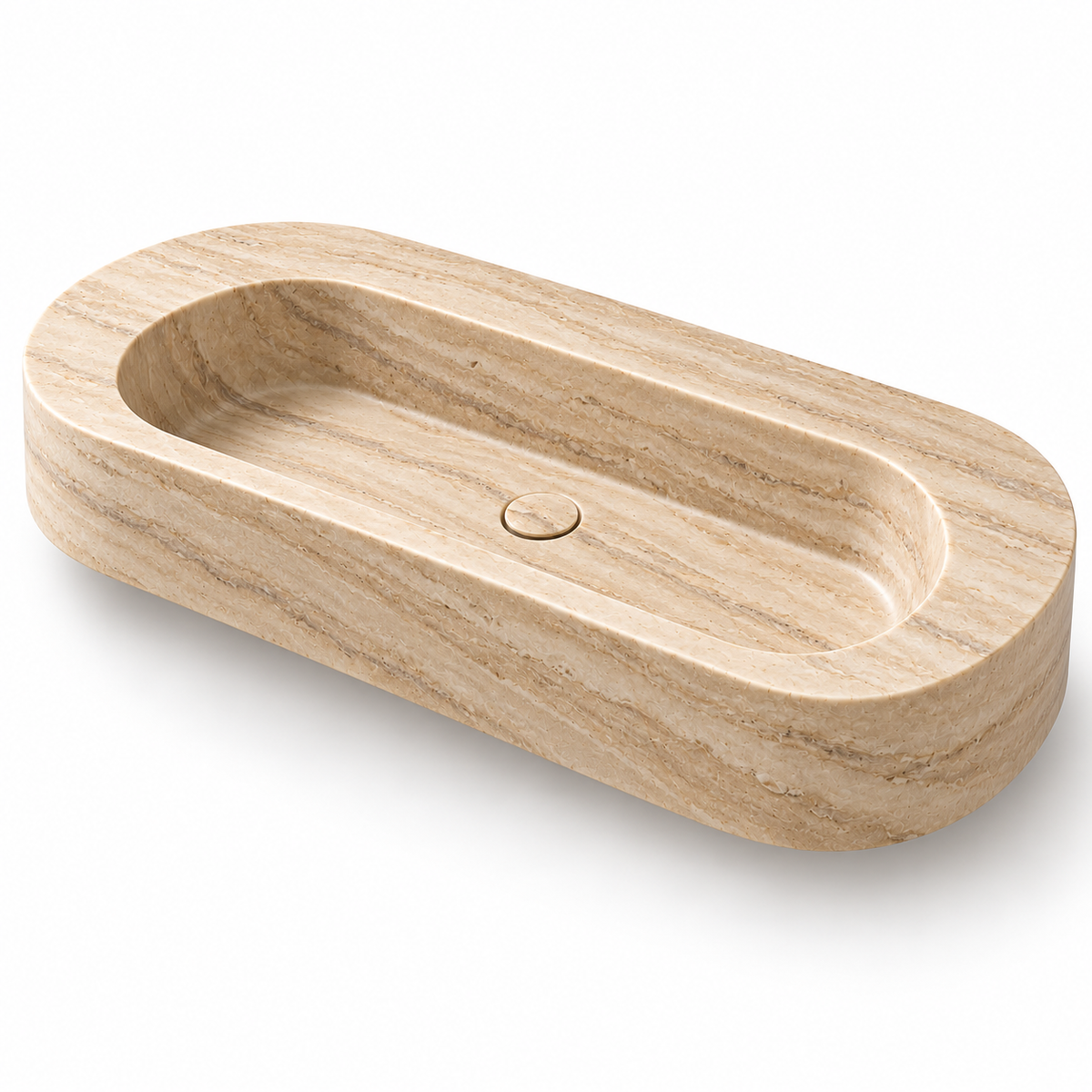 Eclipse Travertine Capsule Floating Stone Sink, three-quarter view on white, design rendering