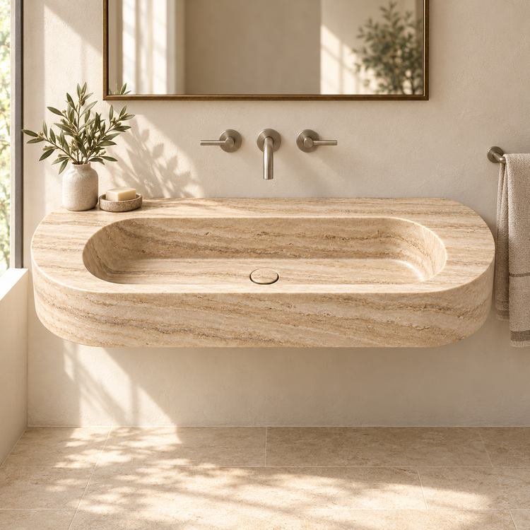 Eclipse Travertine Capsule Floating Stone Sink, styled bathroom view, design rendering