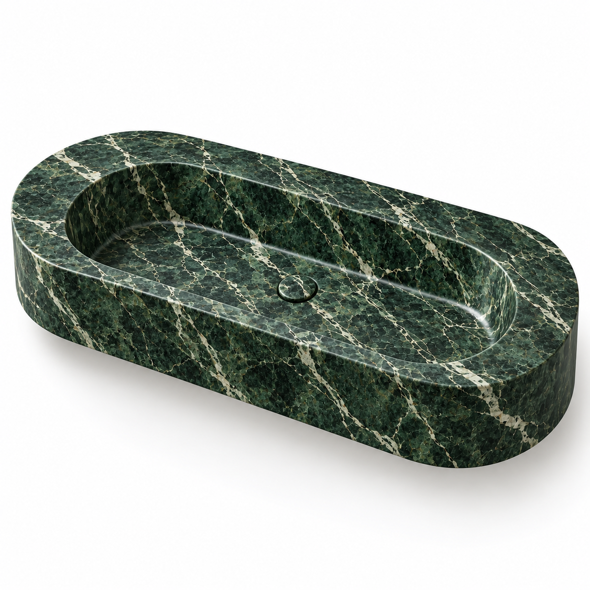 Eclipse Verde Alpi Capsule Floating Marble Sink, three-quarter view on white, design rendering