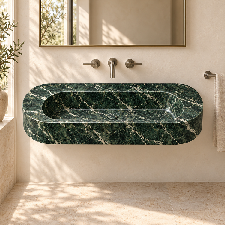 Eclipse Verde Alpi Capsule Floating Marble Sink, styled bathroom view, design rendering