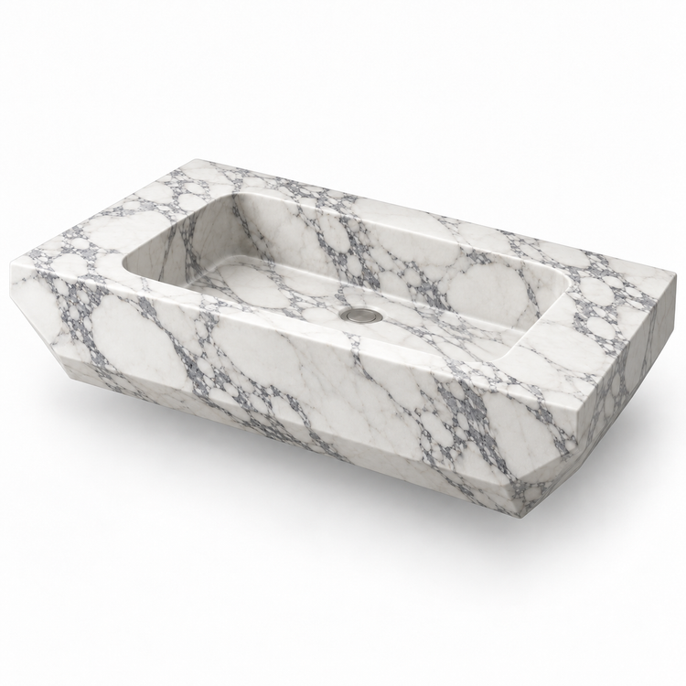 Facet Arabescato Chamfered Floating Marble Sink, three-quarter view on white, design rendering