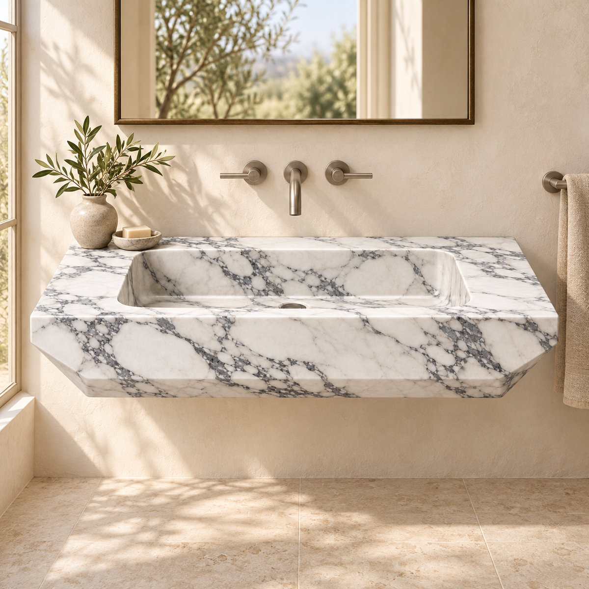 Facet Arabescato Chamfered Floating Marble Sink, styled bathroom view, design rendering