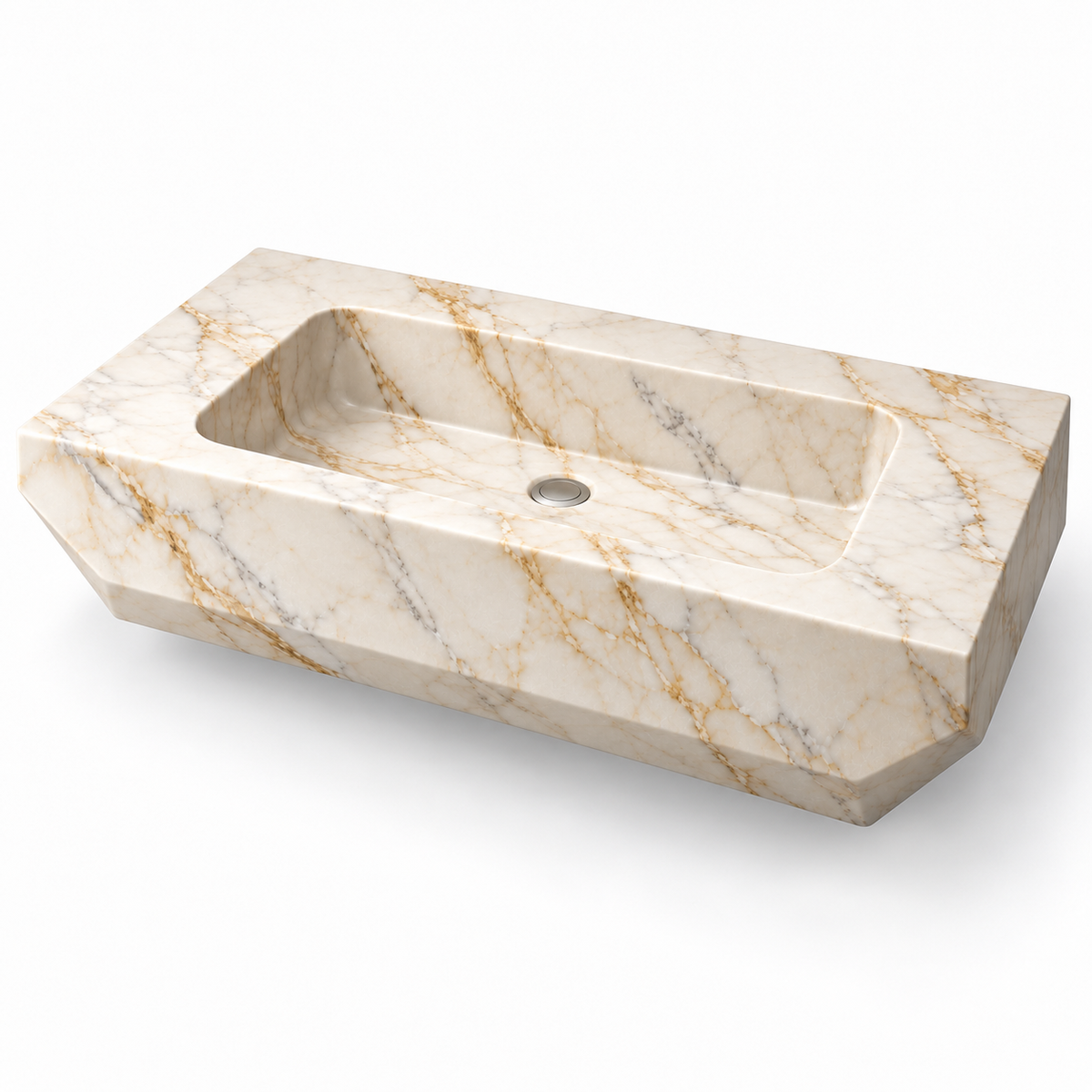 Facet Calacatta Gold Chamfered Floating Marble Sink, three-quarter view on white, design rendering