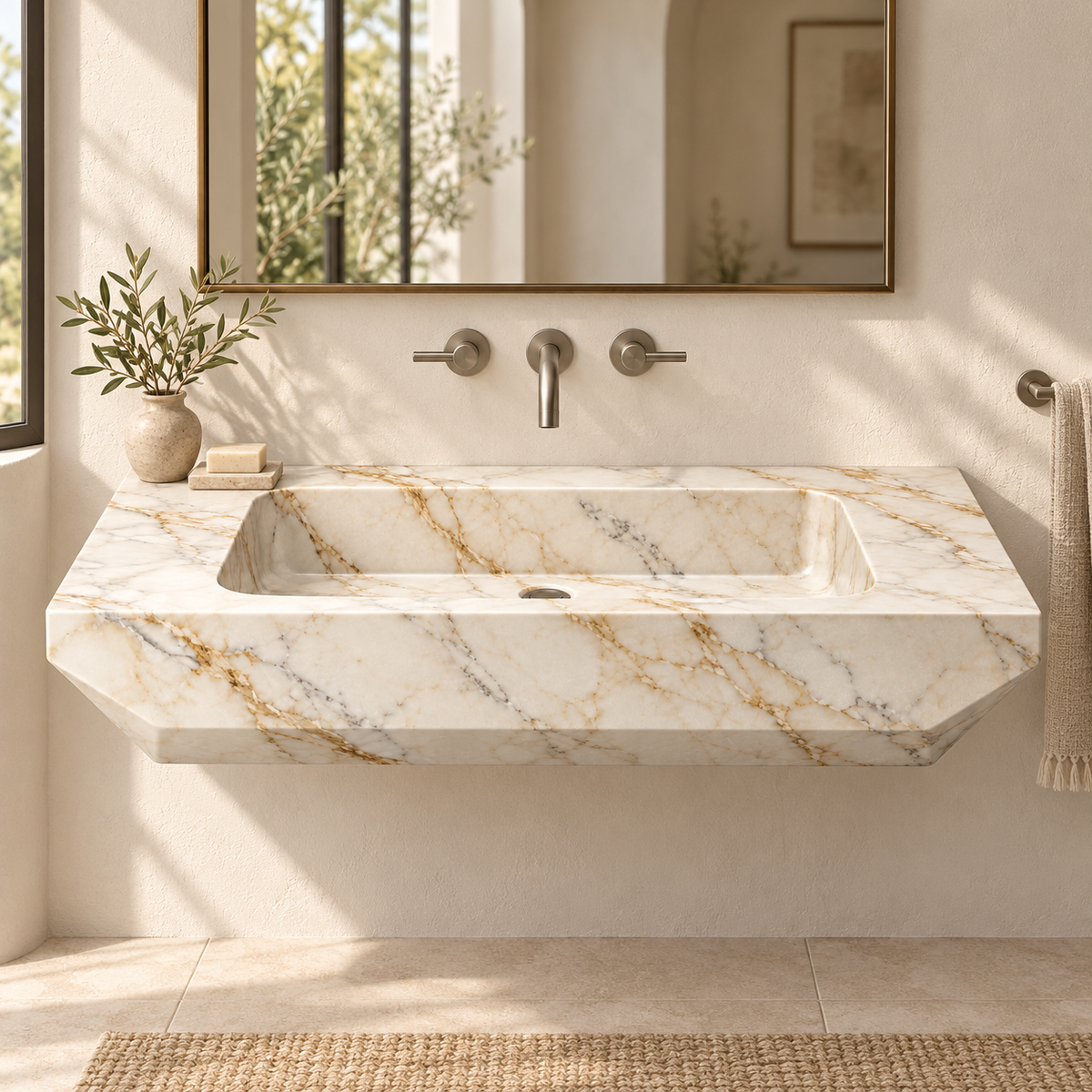 Facet Calacatta Gold Chamfered Floating Marble Sink, styled bathroom view, design rendering
