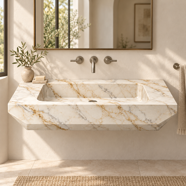 Facet Calacatta Gold Chamfered Floating Marble Sink, styled bathroom view, design rendering