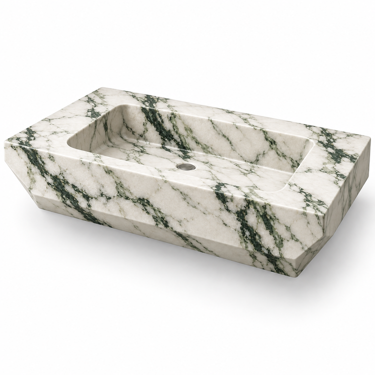 Facet Calacatta Green Chamfered Floating Marble Sink, three-quarter view on white, design rendering