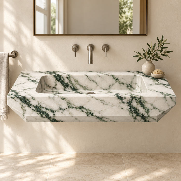 Facet Calacatta Green Chamfered Floating Marble Sink, styled bathroom view, design rendering