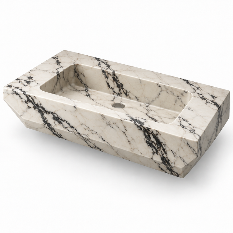 Facet Calacatta Viola Chamfered Floating Marble Sink, three-quarter view on white, design rendering