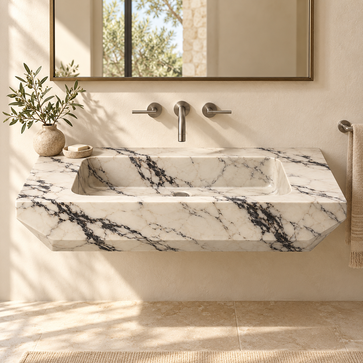 Facet Calacatta Viola Chamfered Floating Marble Sink, styled bathroom view, design rendering