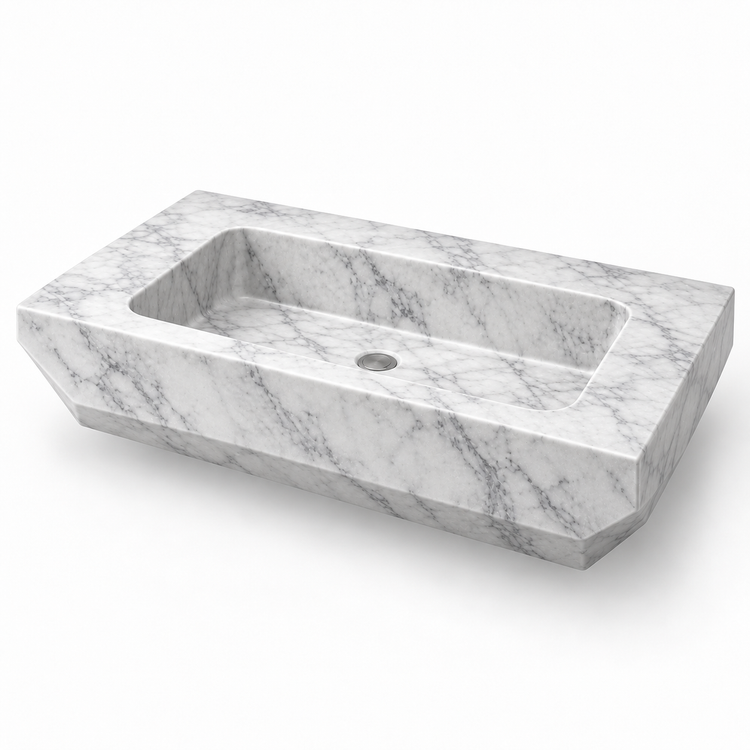 Facet Carrara Chamfered Floating Marble Sink, three-quarter view on white, design rendering